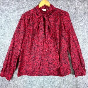 Vintage Pykettes Blouse Womens Medium Red Black Tie Neck Secretary Office Siren
